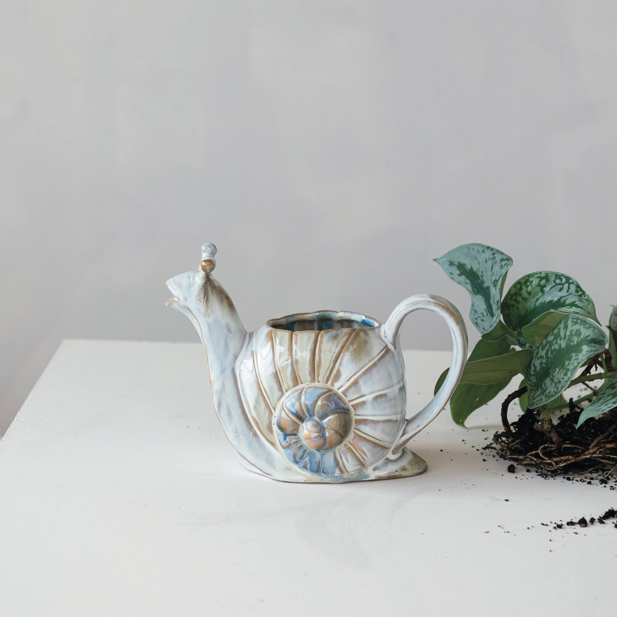 Hello Honey® 26oz. White & Brown Snail Shaped Stoneware Watering Can